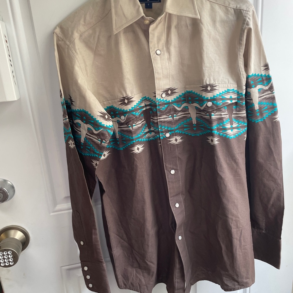 VINTAGE PANHANDLE MENS AZTEC PEARL SNAP LONGHORN SKULL SIZE S, made in Texas - Picture 8 of 9